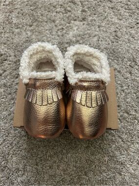 Baby Metallic Rose Gold Sherpa Moccasin Slippers